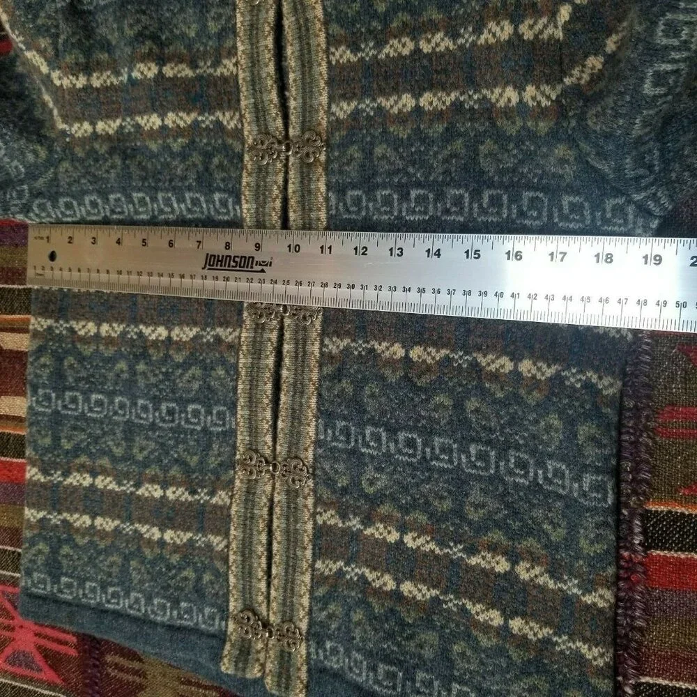Telluride Clothing Womens XS Wool Fair Isle Cardigan Sweater Blue Chinese Button